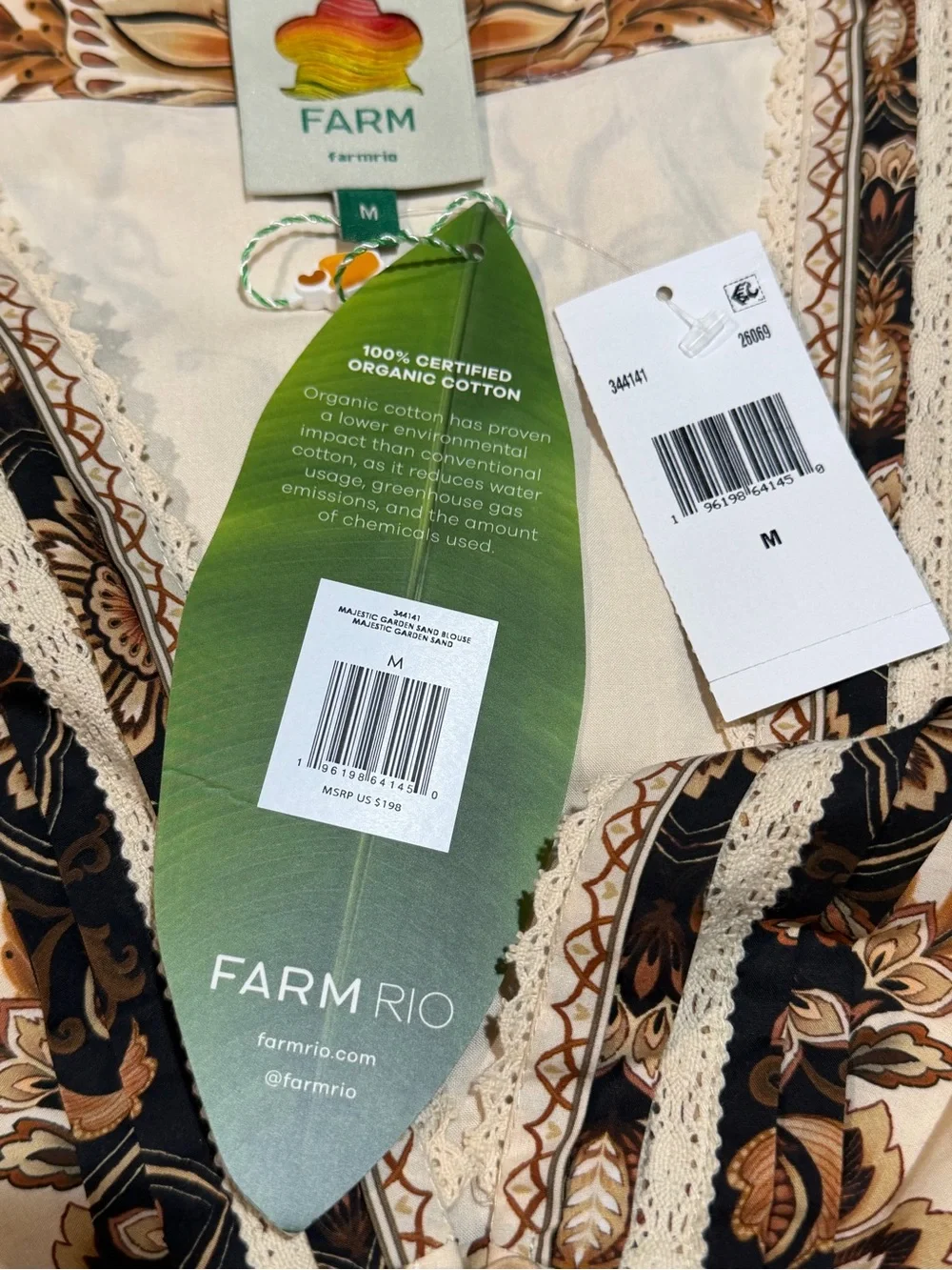 FARM RIO Majestic Garden Lace Puff Sleeve Cotton Top. Size Small